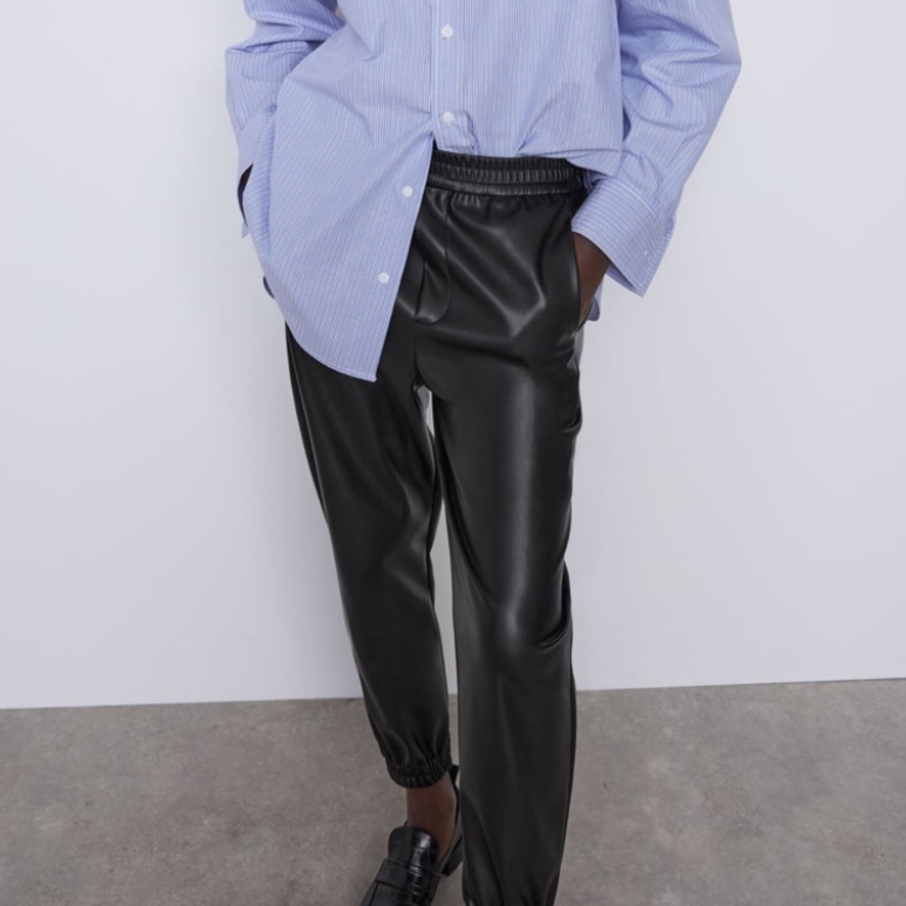 NWT Zara Black Faux Leather High Waisted Joggers